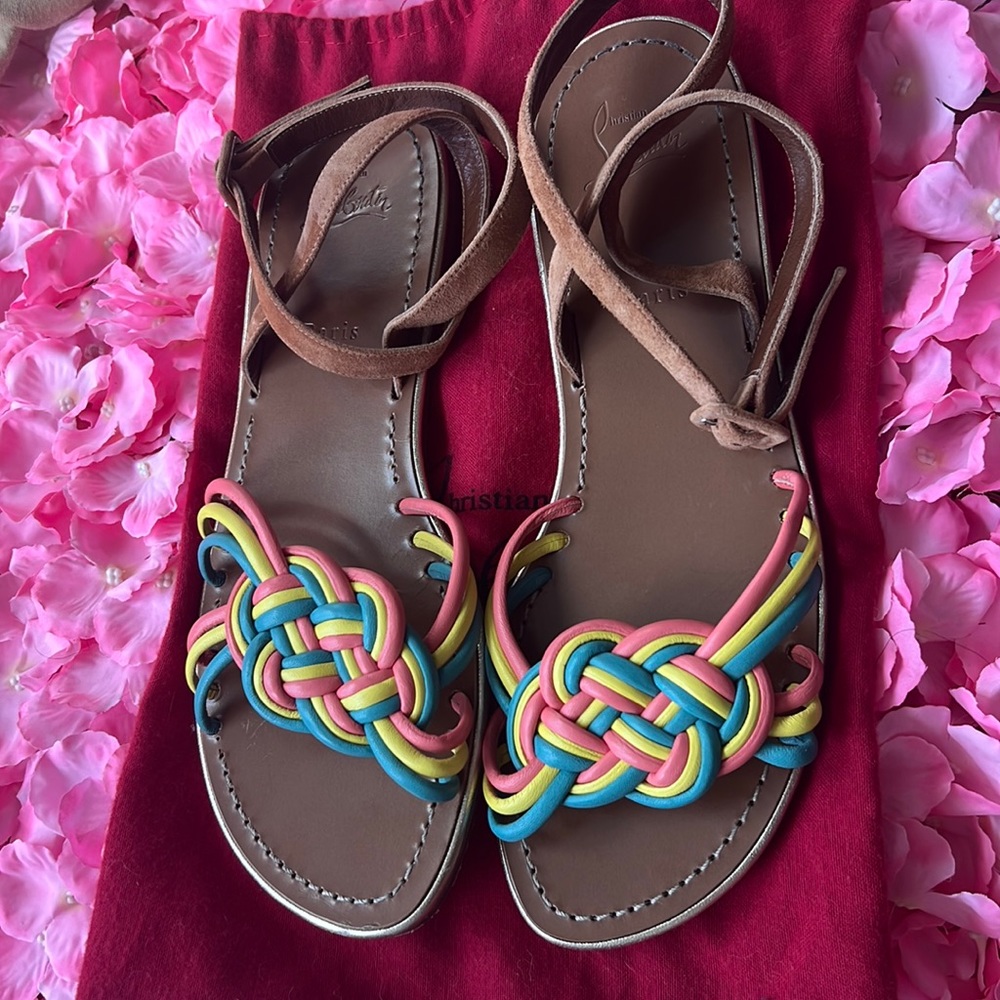 Christian Louboutin Ella Multicolored Napa Red Sole Flat Sandal Euro 42